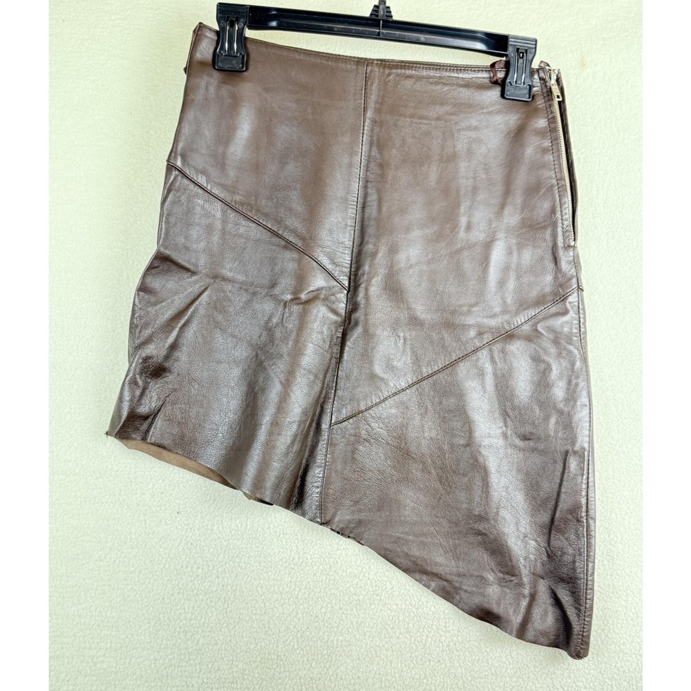 Pretty Donna Skirt Womens Size 2 (36) Brown Leather Asymmetrical Mini Zip Lined